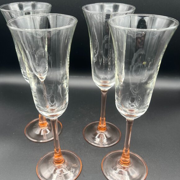 Vintage 1990s Luminarc Cristal D’Arques Pink Rose Stem Tulip Champagne Glasses